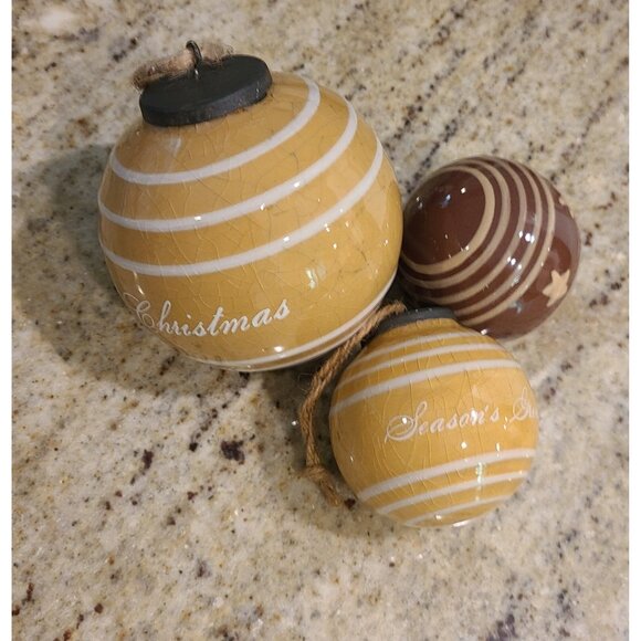 Lot of 3 Boche Ball Ceramic Crackle Ornaments Folk Art Cottage